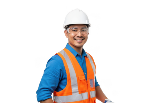 Smiling construction worker wearing a white hard hat and bright orange safety vest with protective eyewear isolated on transparent background - Powered by Adobe