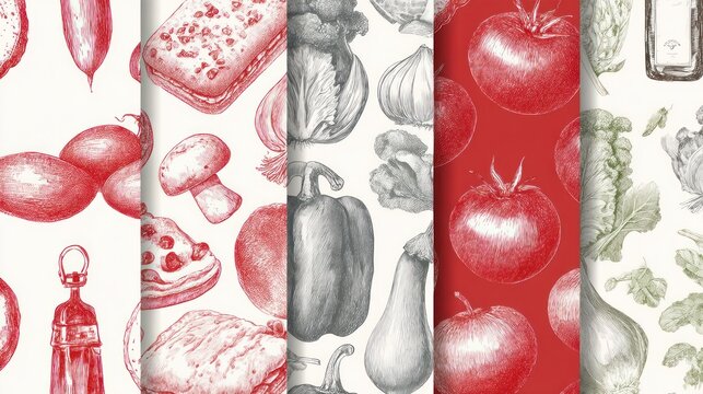 A set of hand-drawn illustrations featuring various vegetables and fruits, including tomatoes, mushrooms, and bell peppers, arranged in a vertical format with a white background and red accents.
