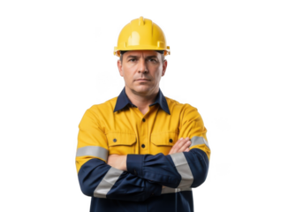 Serious construction worker wearing a yellow hard hat and hi vis workwear with arms crossed isolated on transparent background
