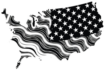 Abstract black and white illustration of the united states map with american flag elements