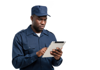 A focused african american man wearing a dark blue uniform and cap reviews a clipboard with a pen in his hand isolated on transparent background