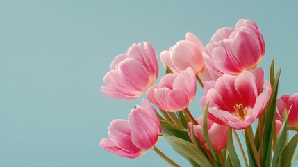A bouquet of pink tulips against a blue background, with a soft focus effect.