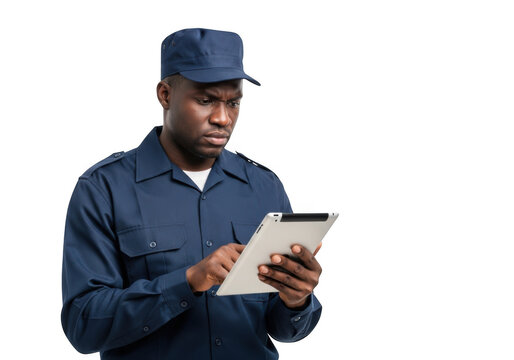 A focused african american man wearing a dark blue uniform and cap reviews a clipboard with a pen in his hand isolated on transparent background