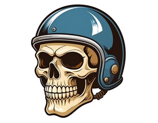 Cartoon skull wearing a blue helmet with black outline, on a clean white background