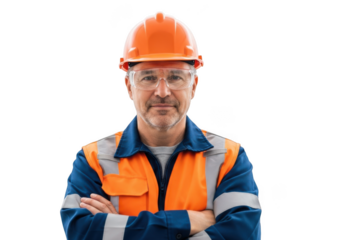 Mature construction worker wearing safety gear including hard hat and high visibility vest arms crossed isolated on transparent background