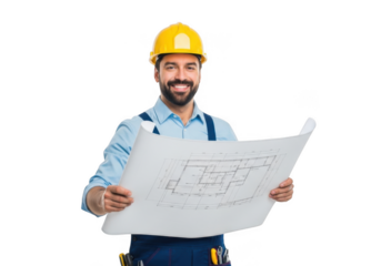 A smiling construction worker wearing a yellow hard hat and blue overalls holds a large blueprint isolated on transparent background