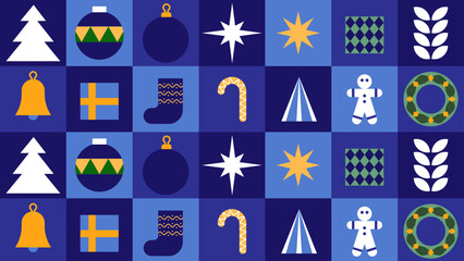 Geometric Christmas pattern with festive icons in blue tones. Colorful geometric Christmas pattern featuring holiday icons such as Christmas trees, ornaments, candy canes, stars, bells, gifts, stockin