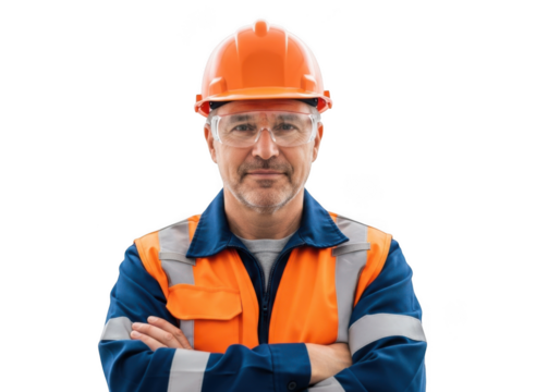 Mature construction worker wearing safety gear including hard hat and high visibility vest arms crossed isolated on transparent background