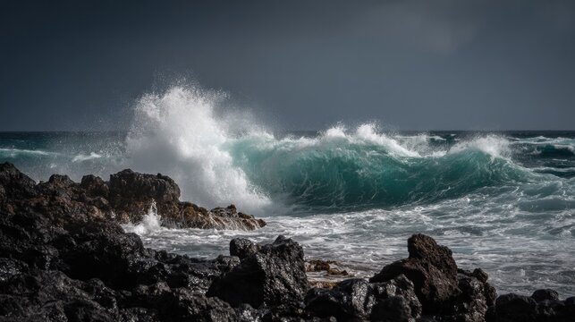 A powerful wave crashing against a rocky shoreline with dark, stormy skies in the background.