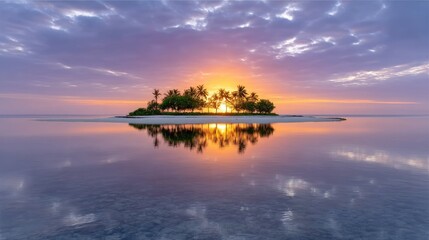 Vibrant orange sunset illuminates silhouetted tropical island with palm trees reflected in calm shallow ocean water under a dramatic purple and pink cloudy sky serene paradise landscape