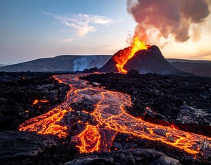 A volcano erupts, spewing molten rock across the foreground. Smoke rises, illuminated by the sunset's light