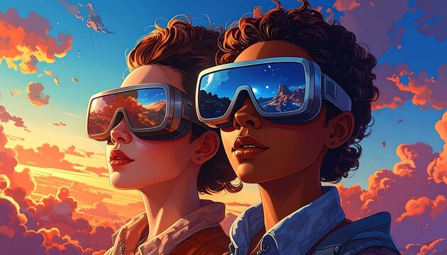 Futuristic VR Experience: Two People Exploring a Sunset Landscape with Goggles - Powered by Adobe