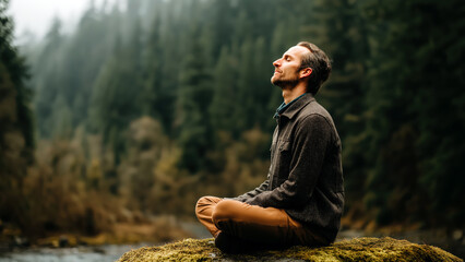 Man meditates peacefully in nature, embracing tranquility and a digital detox away from distractions