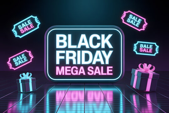 Black friday mega sale neon sign with gift boxes