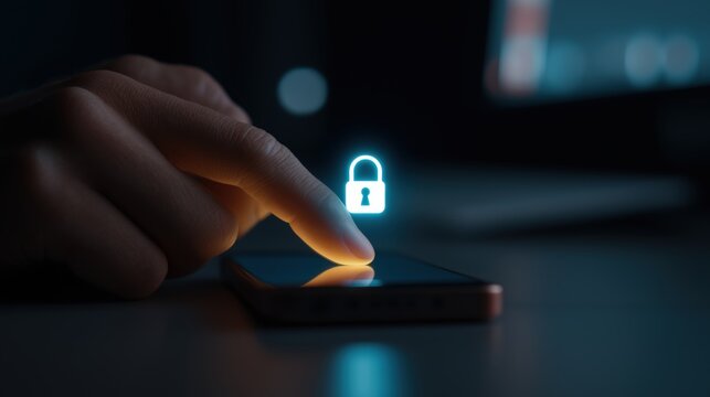 Finger touches digital lock symbol on smartphone screen, emphasizing cyber security in a tech-focused setting