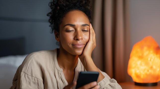 A relaxed woman enjoys her smartphone while sitting in a cozy room, illuminated by a soft lamp glow - Powered by Adobe
