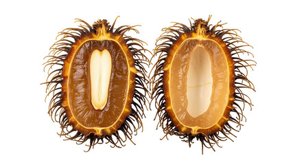 A rambutan fruit cut precisely in half lengthwise, with both halves laid side-by-side, white background isolated