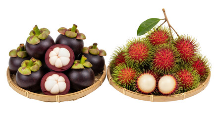 A rustic shallow woven bamboo basket filled with a vibrant assortment of mangosteens and rambutan fruits, white background isolated