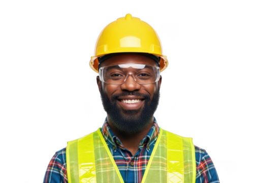 A smiling african american construction worker wearing a yellow hard hat and a bright yellow safety vest isolated on transparent background