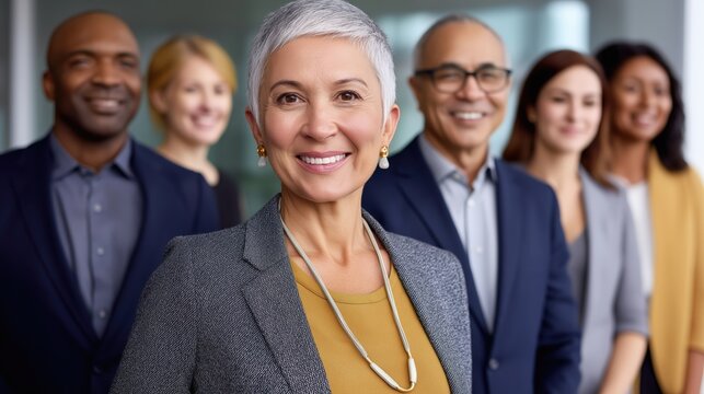 Group of diverse professionals in a modern office, showcasing teamwork and success with a confident attitude - Powered by Adobe