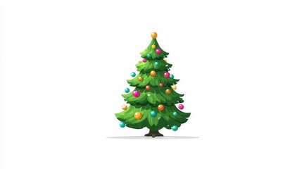 Fototapeta premium Christmas tree, festive element, flat vector design, bright green with colorful baubles, isolated on white background.