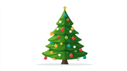 Naklejka premium Christmas tree, festive element, flat vector design, bright green with colorful baubles, isolated on white background.