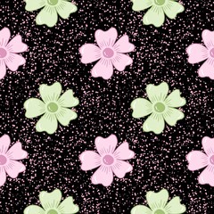 Seamless Floral Pattern with Pink and Green Flowers on Black Background