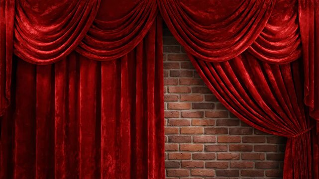 Elegant Red Velvet Curtains Against a Textured Brick Wall Backdrop Dramatic Lighting Creates a Theatrical Ambiance Texture Rich Fabric Offers a