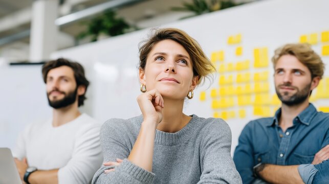 Three young adults engaged in a hybrid work meeting, brainstorming ideas in a modern office environment