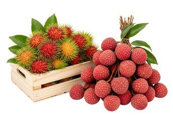 A vibrant studio shot showcasing a bounty of fresh rambutan & lychee, white background isolated
