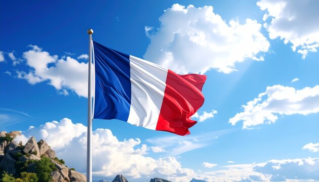 “The French flag waving proudly against a bright alpine sky, symbolizing national identity and cultural pride.”