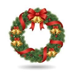 Realistic Christmas Wreath with Red Ribbon, Bells, and Pine Needles
