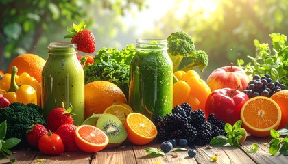 Healthy green smoothies and fresh fruits composition on a rustic wooden table