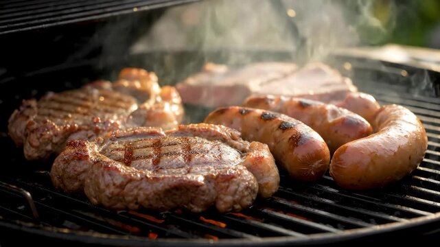 Grilled Meat Selection on Black Grill with Steam in Outdoor Setting T Bone Steaks Bratwurst Sausages and Pork Chops in Warm Lighting and Blurry