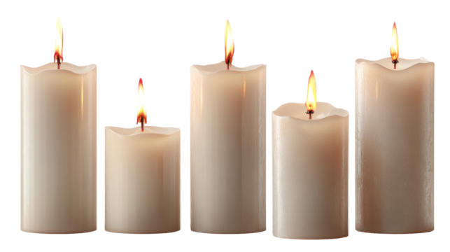 Set of Pillar Candles with Glowing Flames on Transparent Background