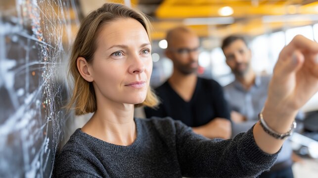 A young woman focuses on storm data analysis while colleagues observe in a vibrant workspace setting