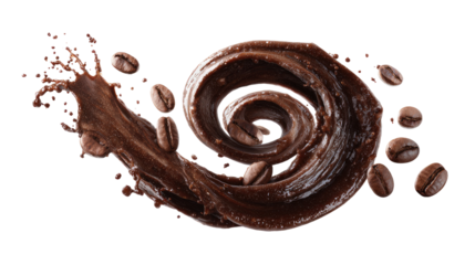Spiral coffee splash dark roast dynamic dark brown coffee on transparent background