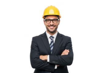A smiling male engineer wearing a yellow hard hat and glasses standing with arms crossed isolated on transparent background