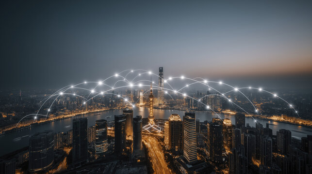 Evening view of a futuristic city lit by digital connections, highlighting urban innovation and tech