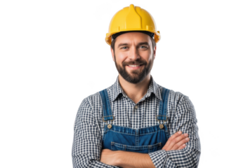 Smiling construction worker wearing a yellow hard hat and blue overalls with arms crossed isolated on transparent background