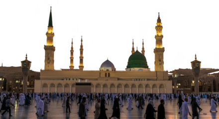 Evening prayer at the prophets mosque with worshippers gathered in courtyard isolated on transparent background