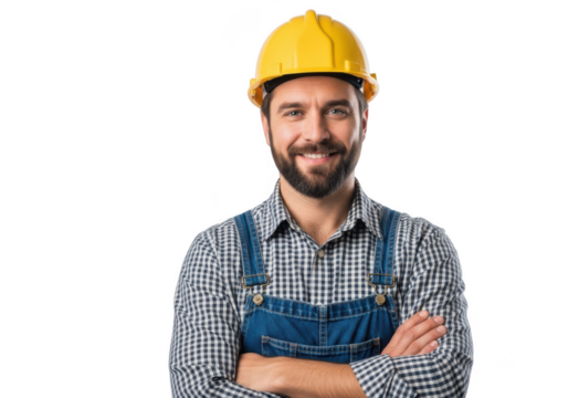 Smiling construction worker wearing a yellow hard hat and blue overalls with arms crossed isolated on transparent background