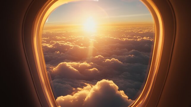 Beautiful sunset view of clouds from airplane window during flight in warm golden light