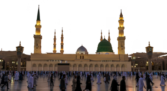 Evening prayer at the prophets mosque with worshippers gathered in courtyard isolated on transparent background
