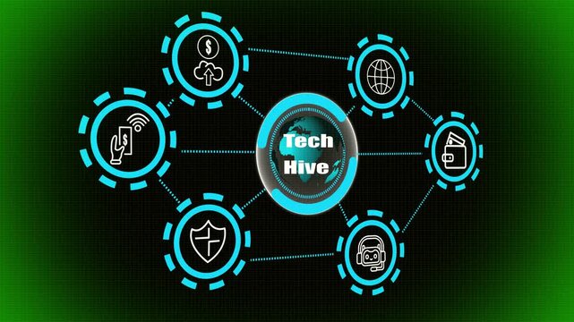 Dynamic Tech Hive, Network Visualization with Futuristic Digital Icons, Cyber Innovation Flow, Data Security, Smart Connectivity, and Artificial Intelligence Integration in Modern Technology System.
