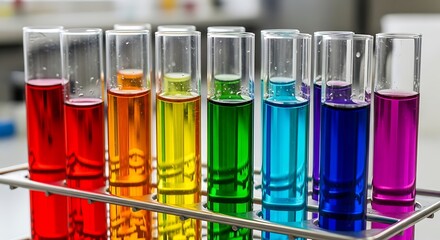 Colorful test tubes filled with liquids in a laboratory rack chemistry science