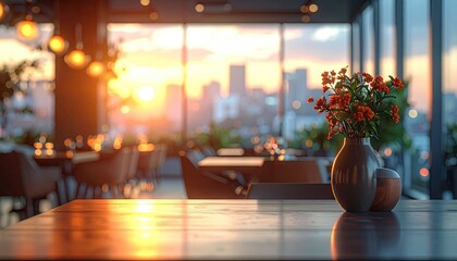 Vase Of Flowers On Table In A Restaurant With Sunset City View Blurred Background