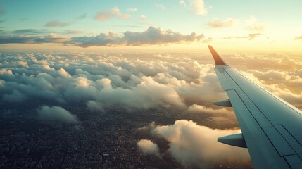 Obraz premium Aerial View of an Airplane Wing Flying Above Cloudy Sky During Sunset with City Below