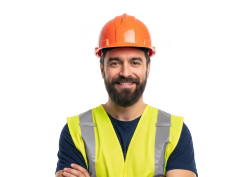 Smiling bearded construction worker wearing orange hard hat and yellow safety vest with reflective strips isolated on transparent background - Powered by Adobe