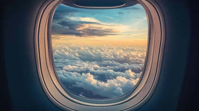 View of the sky and clouds seen through an airplane window during sunset